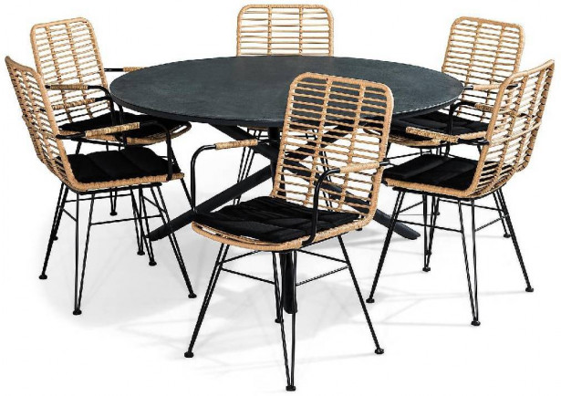 Ruokailuryhmä Alex, pyöreä, 6 Malaga tuolia + pehmusteet, musta