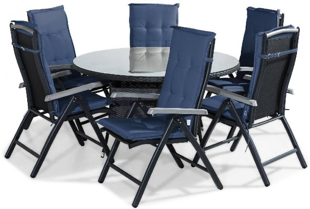 Ruokailuryhmä Thor, 6 Monaco tuolia + siniset pehmusteet, musta