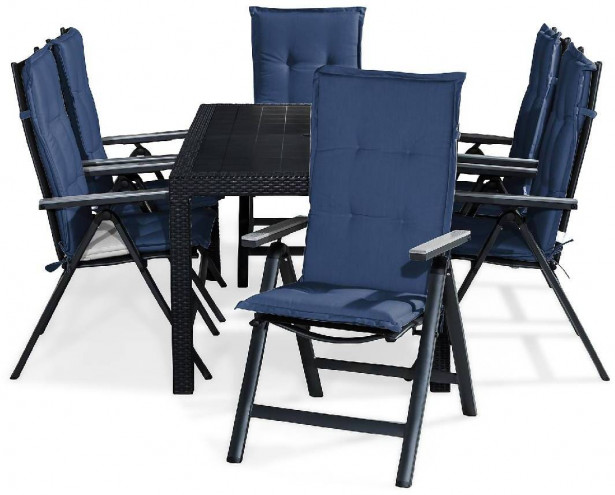 Ruokailuryhmä Melody, 6 Monaco Light tuolia + siniset pehmusteet, musta