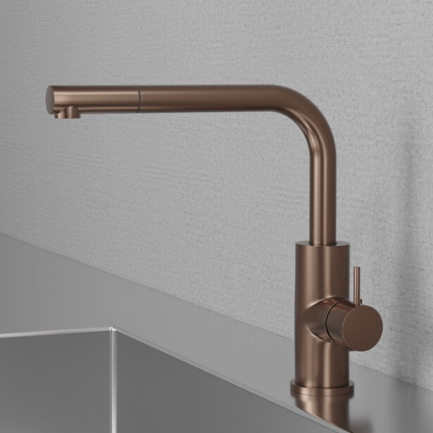 Keittiöhana Scandtap Steel Accent 90 D Amber, APK-liitäntä ja ulosvedettävä juoksuputki, kupari