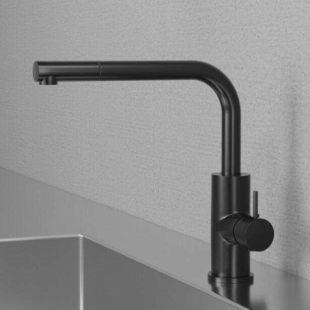 Keittiöhana Scandtap Steel Accent 90 D Shadow, APK-liitäntä ja ulosvedettävä juoksuputki, musta