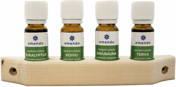 Saunatuoksusetti Emendo puutelineessä, 4 x 10 ml