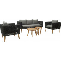 Oleskeluryhmä Esmeen, 3-istuttava sohva + 2 tuolia + 2 pöytää, musta/harmaa/akaasia