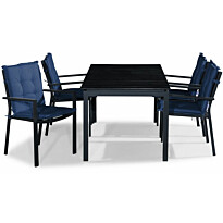 Ruokailuryhmä Tunis 152-210x90cm, 4 tuolia, musta + siniset pehmusteet