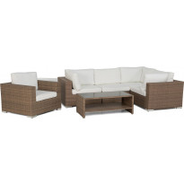 Ulkosohvaryhmä Bahamas, 4-istuttava kulmasohva + nojatuoli + sohvapöytä hyllyllä,  hiekka/valkoinen