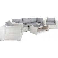 Oleskeluryhmä Bahamas, 3-istuttava sohva + 2 nojatuolia + sohvapöytä hyllyllä, valkoinen/harmaa