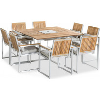 Ruokailuryhmä Båstad, 140cm pöytä + 8 tuolia, tiikki/harjattu alumiini