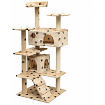 Kissan raapimispuu, sisal-pylväillä, 2 pesällä, 125cm, tassukuvio, beige