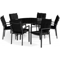 Ruokailuryhmä Tunis pyöreä, 6 tuolia + mustat pehmusteet, musta