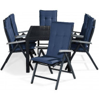 Ruokailuryhmä Melody, 6 Monaco tuolia + siniset pehmusteet, musta