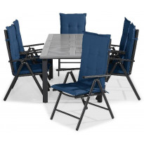 Ruokailuryhmä Monaco 152-210, 6 Maggie tuolia + siniset pehmusteet, musta