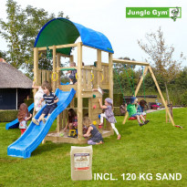 Leikkikeskus Jungle Gym Farm ja Swing Module X&#039;tra, sis. 120kg hiekkaa ja sinisen liukumäen