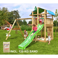 Leikkikeskus Jungle Gym Fort ja Swing Module X&#039;tra, sis. 120kg hiekkaa ja vihreän liukumäen