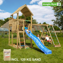 Leikkikeskus Jungle Gym Palace ja Climb Module X&#039;tra, sis. 120kg hiekkaa ja sinisen liukumäen