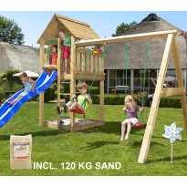 Leikkikeskus Jungle Gym Cabin ja Swing Module X&#039;tra, sis. 120kg hiekkaa ja sinisen liukumäen