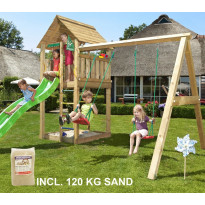 Leikkikeskus Jungle Gym Cabin ja Swing Module X&#039;tra, sis. 120kg hiekkaa ja vihreän liukumäen