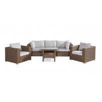 Oleskeluryhmä Marcus, 3-istuttava sohva + 2 nojatuolia + sohvapöytä, ruskea/valkoinen