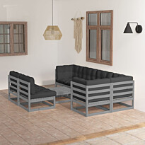 Puutarhasohvasarja tyynyillä + pöytä, mäntyä harmaa/antrasiitti, 8 osaa