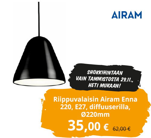 Riippuvalaisin Airam Enna 220, E27, diffuuserilla, Ø220mm